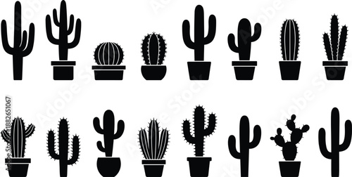 Cactus icon set, black silhouette illustrations, potted and wild shapes, vector graphics, botanical theme, desert and plant design