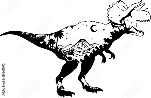 Artistic silhouette of a Tyrannosaurus Rex filled with a mystical landscape of mountains, palm trees, stars, and a crescent moon.