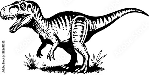 An artistic stippling illustration of a ferocious Allosaurus dinosaur with its mouth open, standing on a patch of grass.