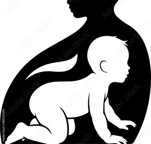Modern graphic illustration depicting a baby crawling within a stylized silhouette of a pregnant woman, symbolizing new life and maternity.