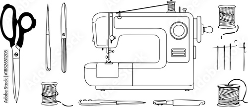 Hand-drawn illustration of sewing supplies, including a vintage sewing machine, scissors, needles, and thread spools
