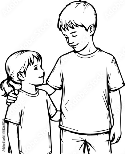 Hand-drawn sketch of a young boy protectively embracing his little sister, conveying sibling love and connection.