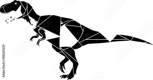 Geometric abstract Tyrannosaurus Rex dinosaur sticker in shades of blue, teal, gray, and orange, on a white background.