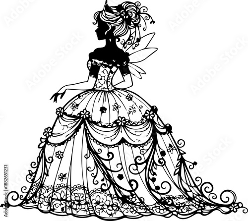 Intricate black lace silhouette of a fairy princess in a voluminous gown, adorned with floral details and delicate wings.