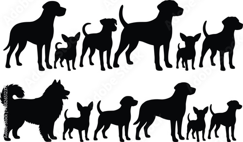 Dog breed icon set, black silhouette illustrations, standing canine poses, vector graphics, pet theme, anatomy and identification design