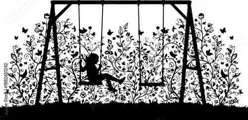 Whimsical silhouette of a girl swinging on a swing set amidst a decorative backdrop of swirling vines, flowers, birds, and butterflies.