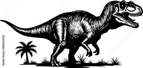 Detailed black and white illustration of a roaring Tyrannosaurus Rex dinosaur standing in a grassy prehistoric landscape with a palm tree.