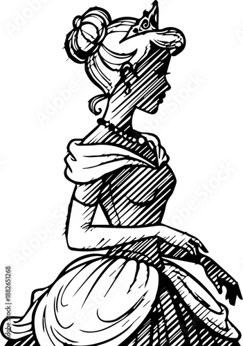 Pencil sketch of a regal princess in a flowing gown and tiara, exuding elegance and charm.