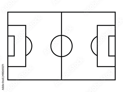 Overhead view of soccer field layout in black and white line art vector iIllustration