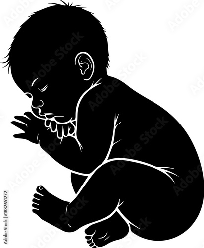 Black silhouette of a newborn baby sleeping peacefully in a curled position, representing innocence and new beginnings.