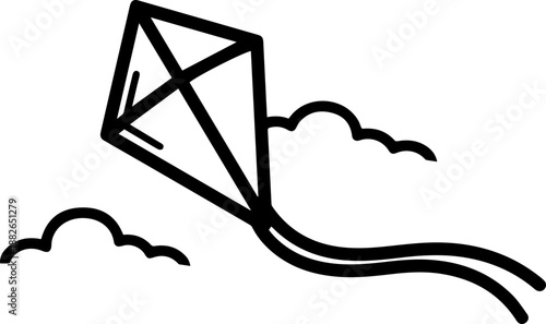 Simple line art illustration of a classic diamond-shaped kite flying amongst stylized clouds on a white background.