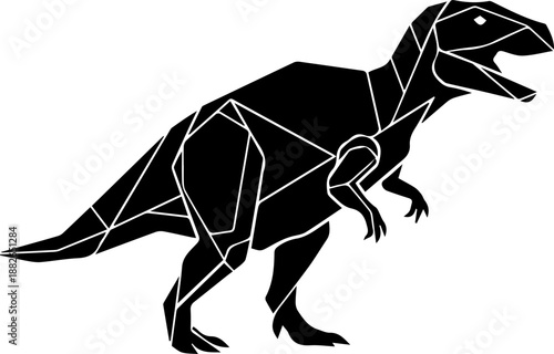 Modern geometric Tyrannosaurus Rex dinosaur silhouette in black and white, composed of sharp angular shapes.