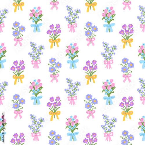 Preppy seamless pattern with bouquets of flowers bell flowers, tulips, crocus and bow ribbon. Floral background for fabric, wallpaper or wrapping paper. Spring or summer season