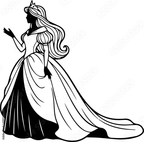 Elegant Black Silhouette Illustration of a Beautiful Princess in a Flowing Gown and Crown, gesturing gracefully, symbolizing fairy tales, royalty, and fantasy.