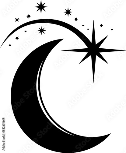 Mystical Crescent Moon and Shooting Star Silhouette with Sparkling Stars, Night Sky Celestial Vector Icon or Emblem