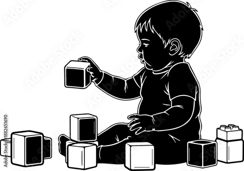 Adorable Baby Playing with Building Blocks Silhouette, Cute Black and White Vector Illustration for Childhood Development