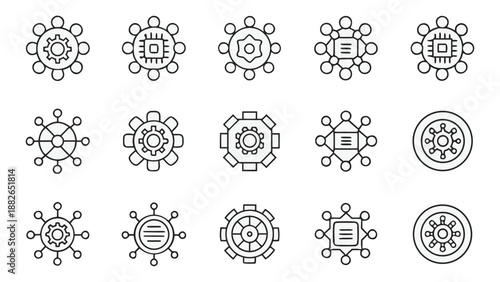 Technology and network gear icons set representing automation, system integration, engineering and digital process control
