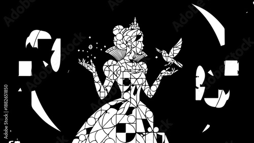 Stylized geometric art illustration of a fairytale princess in a flowing gown with a bird and twinkling stars, elegant, magical, and abstract.