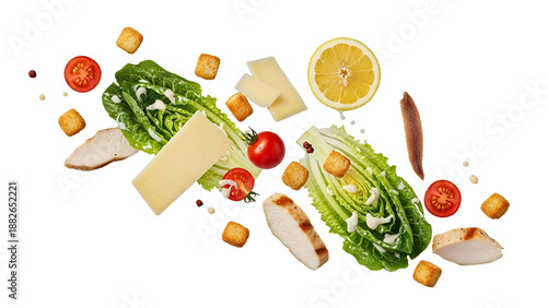Dynamic composition of fresh healthy salad ingredients deconstructed artfully showcasing crisp romaine succulent chicken golden croutons and zesty