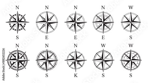 Compass Rose Icons in Various Styles and Orientations in Black and White on Plain Background for Navigation Design