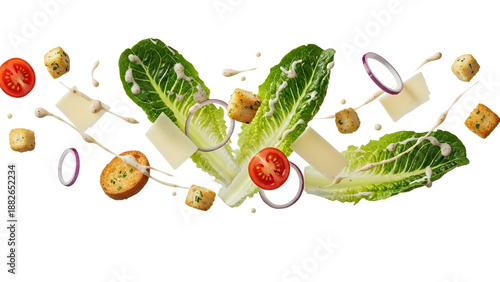 Vibrant flying salad components a dynamic culinary display of crisp lettuce fresh tomatoes savory cheese crunchy croutons and creamy dressing