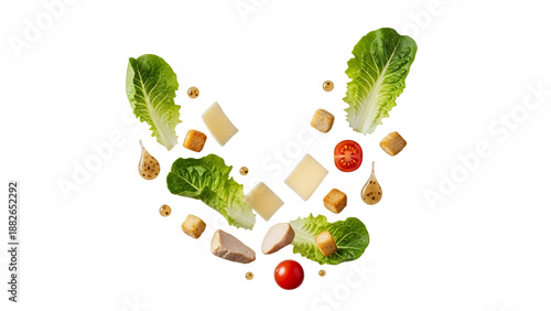 Floating fresh salad ingredients: crisp romaine, savory parmesan, golden croutons, ripe tomatoes, tender chicken, and zesty dressing, encouraging