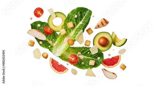 Dynamic presentation of vibrant salad ingredients showcasing fresh produce, creamy avocado, savory chicken, crisp greens, and zesty grapefruit. A