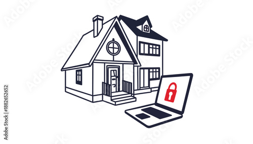 A laptop with a red lock screen in front of a house