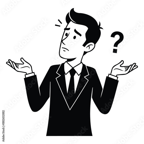 A confused businessman in a suit with hands up and a question mark  puzzled expression