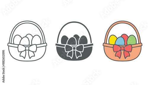 Three Easter baskets with eggs and ribbons on a white background