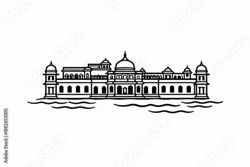 Udaipur Lake Palace Vector Illustration Rajasthan Royal Architecture Minimalist Line Art on White
