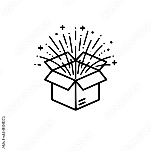 Open cardboard box icon with light rays effect. Unboxing experience, surprise gift, and new arrival delivery concept vector illustration