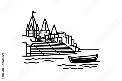 Varanasi Ghats Vector Landscape Holy River Ganges Temple Steps Minimalist Black Line Art Design