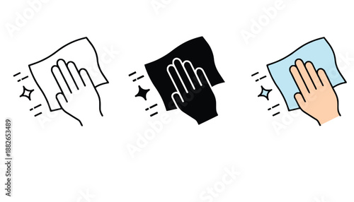 A hand holding a cloth in different colors and styles for cleaning