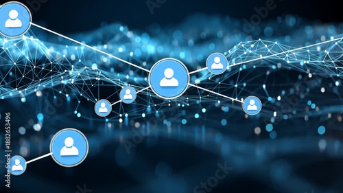 A glowing blue network with a profile icon connects people in a digital environment.