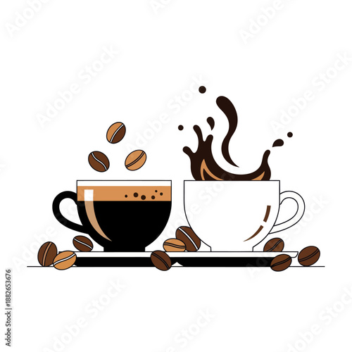 Two coffee cups, one black and one white, with coffee beans and splashes