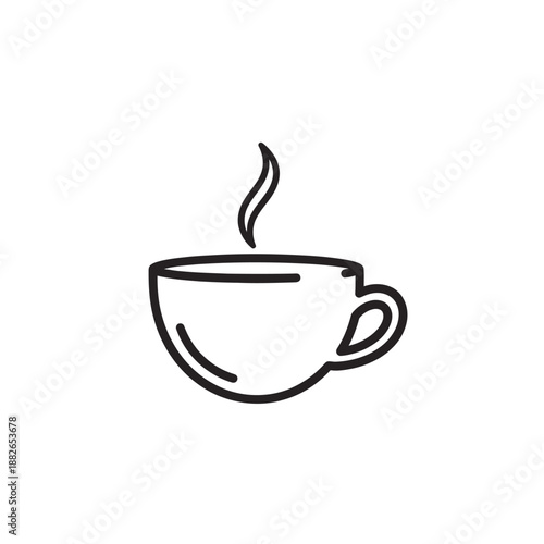 Simple black and white outline drawing of a steaming coffee cup on a white background.