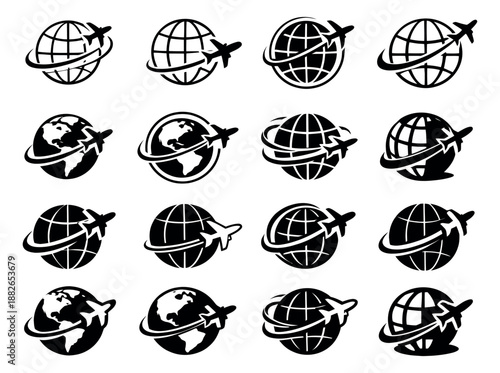 Modern graphic travel icons set featuring airplanes circling the globe in different styles for international transportation
