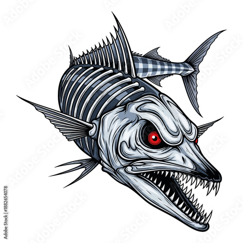 wahoo fish skeleton mascot with red eyes and sharp teeth for fishing team or brand logo