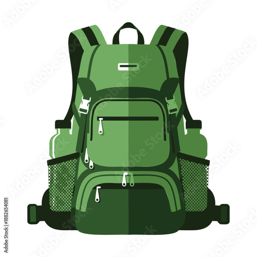 Green backpack with two water bottles in side pockets and various zipped compartments