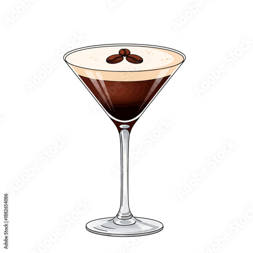 Espresso Martini Cocktail with Coffee Beans Garnish on White Background