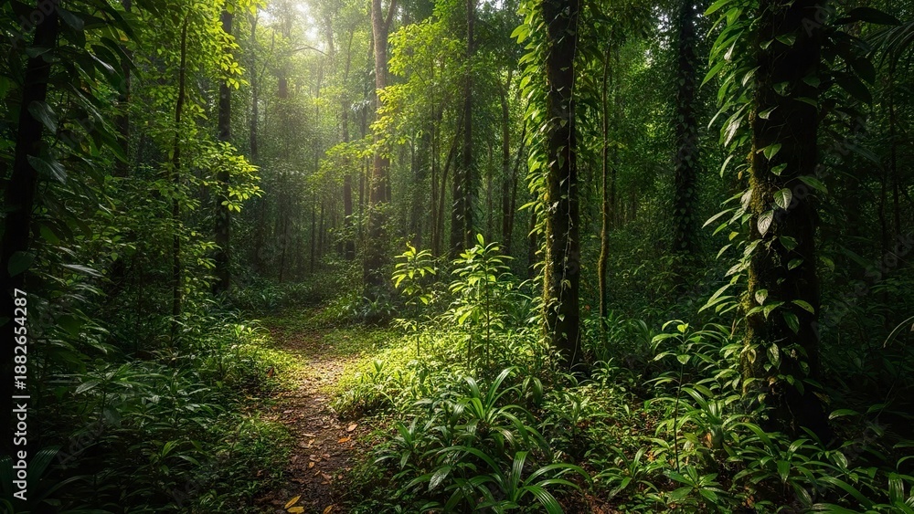 Fototapeta premium Forest path with lush foliage sunlit clearing and vinecovered trees