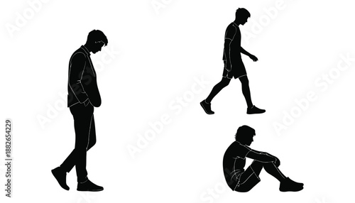 A black silhouette of a man in various poses of sadness and depression