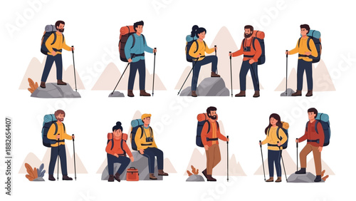 Hikers with backpacks and trekking poles in various poses and outfits for outdoor adventures and exploration