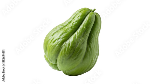 Vibrant green chayote fruit captured against a stark white background for culinary imagery.