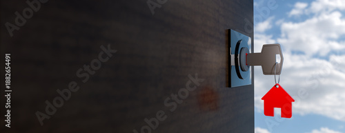 Mortgage. House model and key in house door. Real estate agent offer house, property insurance and security, affordable housing concepts. 3d rendering