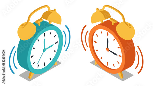 Two cartoon alarm clocks, a blue one and an orange one, ringing loudly in this vector illustration