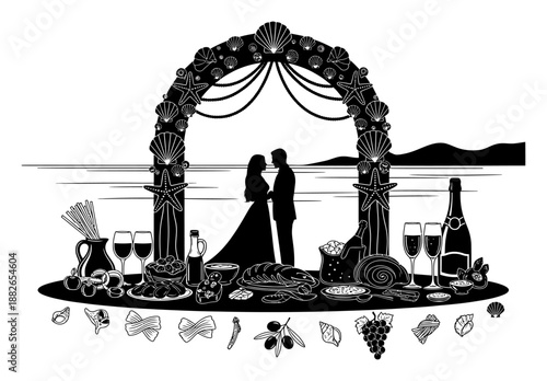 Beach Wedding Illustration - Wine, Seafood & Romance