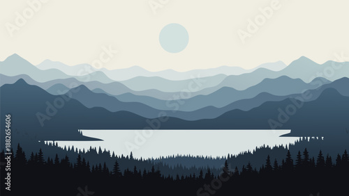 Serene Mountain Landscape Vector Illustration with a Tranquil Lake and Foreshadowing Trees at Sunset