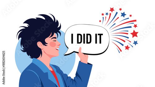 Triumphant Woman Celebrating Success with 'I Did It' Speech Bubble and Fireworks - Vector Illustration